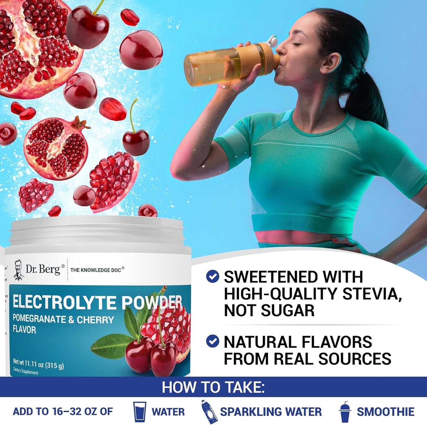 Dr. Berg Zero Sugar Hydration Keto Electrolyte Powder with Potassium and Himalayan Salt - Pomegranate Cherry Drink Supplement