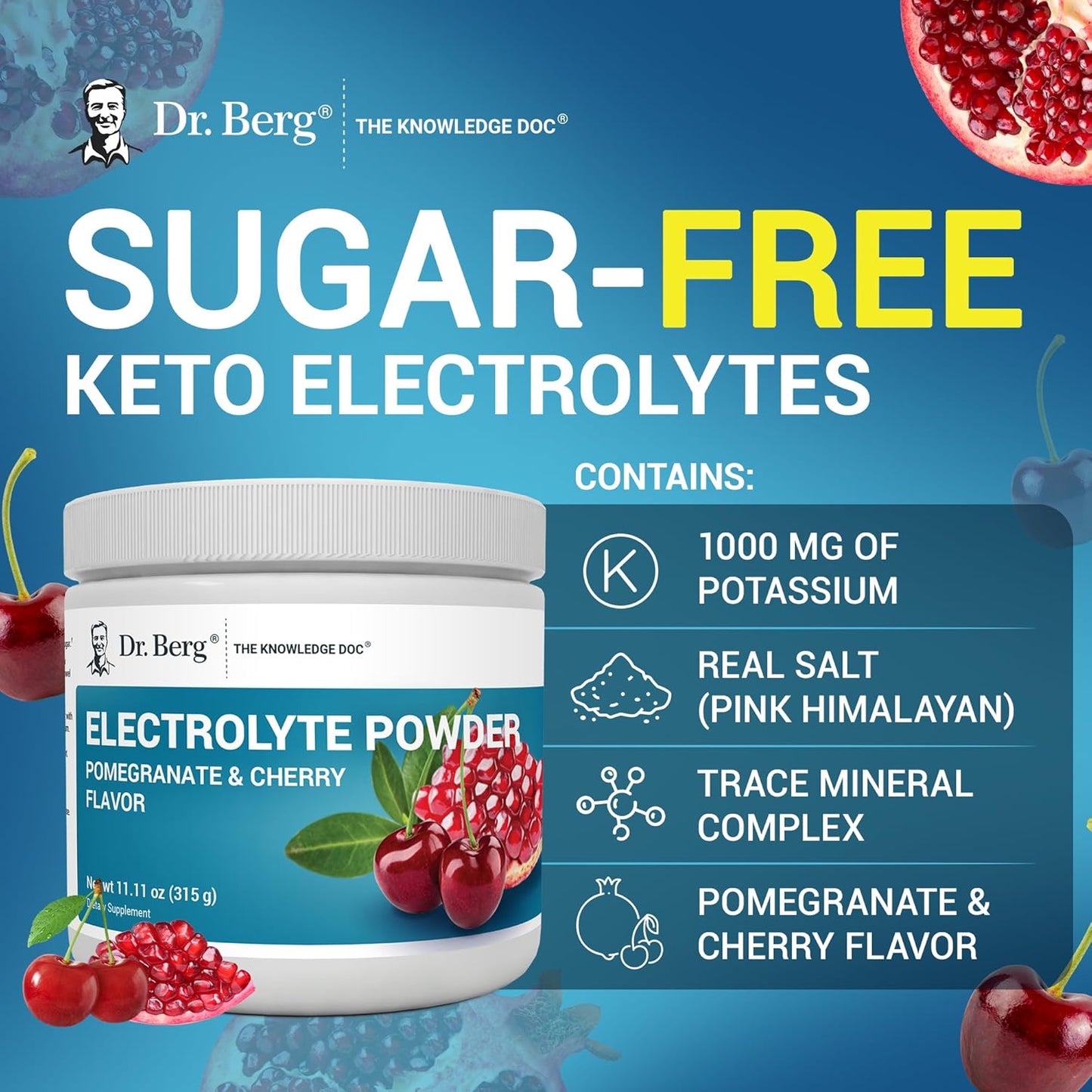 Dr. Berg Zero Sugar Hydration Keto Electrolyte Powder with Potassium and Himalayan Salt - Pomegranate Cherry Drink Supplement