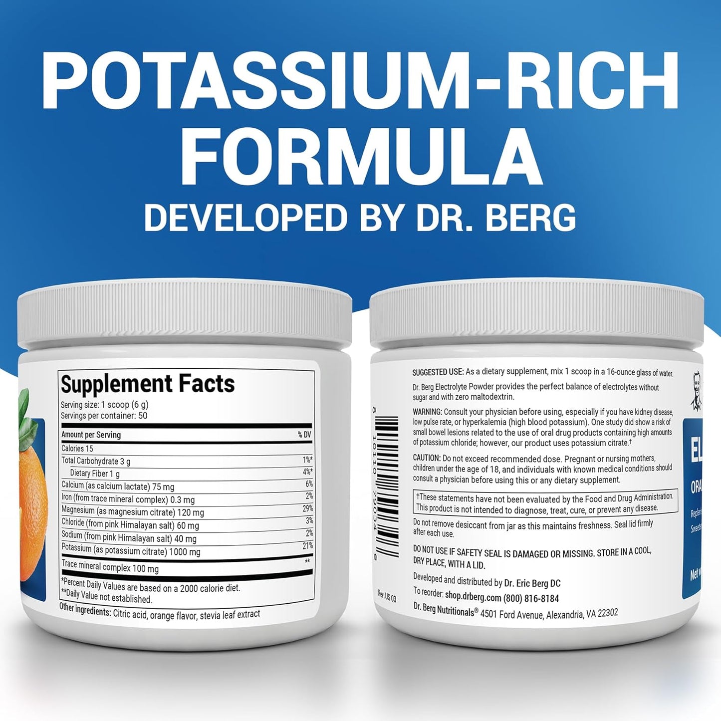 Dr. Berg Zero Sugar Keto Electrolyte Powder with Potassium & Himalayan Salt - Orange Flavor Drink Mix - 50 Servings