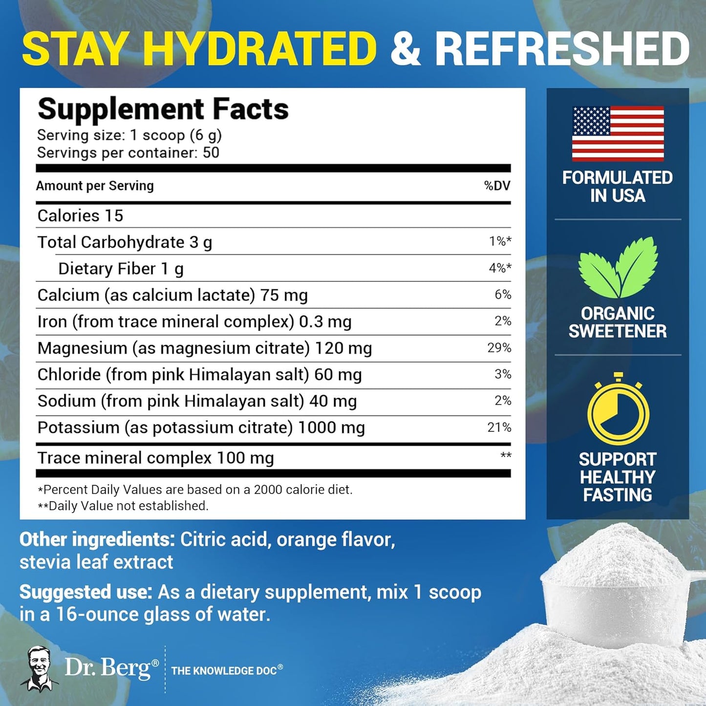 Dr. Berg Zero Sugar Keto Electrolyte Powder with Potassium & Himalayan Salt - Orange Flavor Drink Mix - 50 Servings