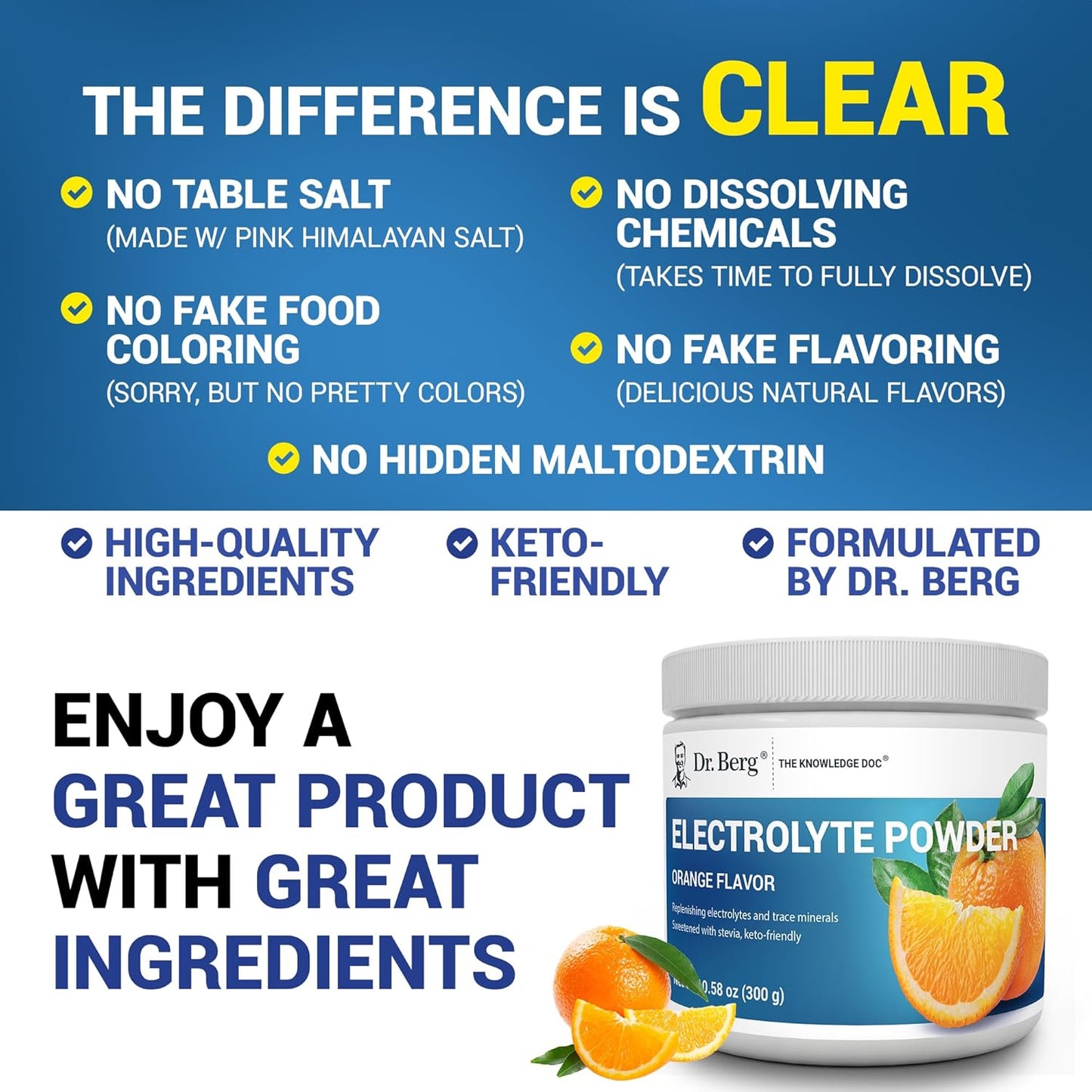 Dr. Berg Zero Sugar Keto Electrolyte Powder with Potassium & Himalayan Salt - Orange Flavor Drink Mix - 50 Servings
