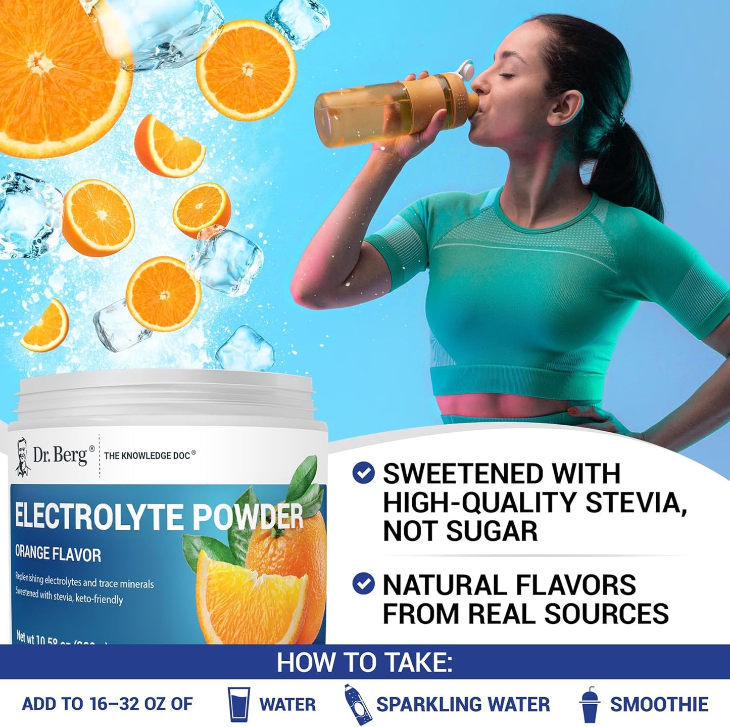 Dr. Berg Zero Sugar Keto Electrolyte Powder with Potassium & Himalayan Salt - Orange Flavor Drink Mix - 50 Servings