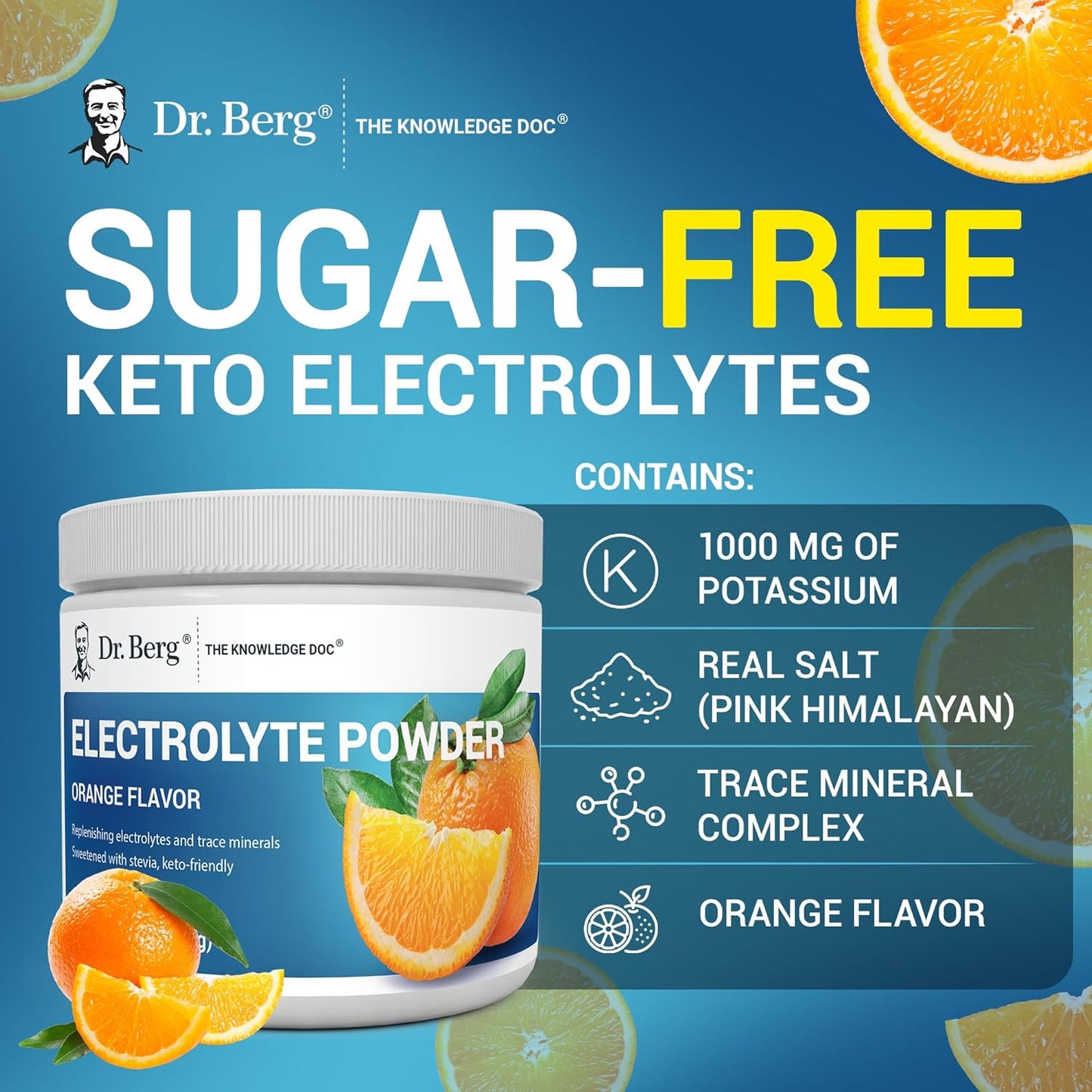Dr. Berg Zero Sugar Keto Electrolyte Powder with Potassium & Himalayan Salt - Orange Flavor Drink Mix - 50 Servings