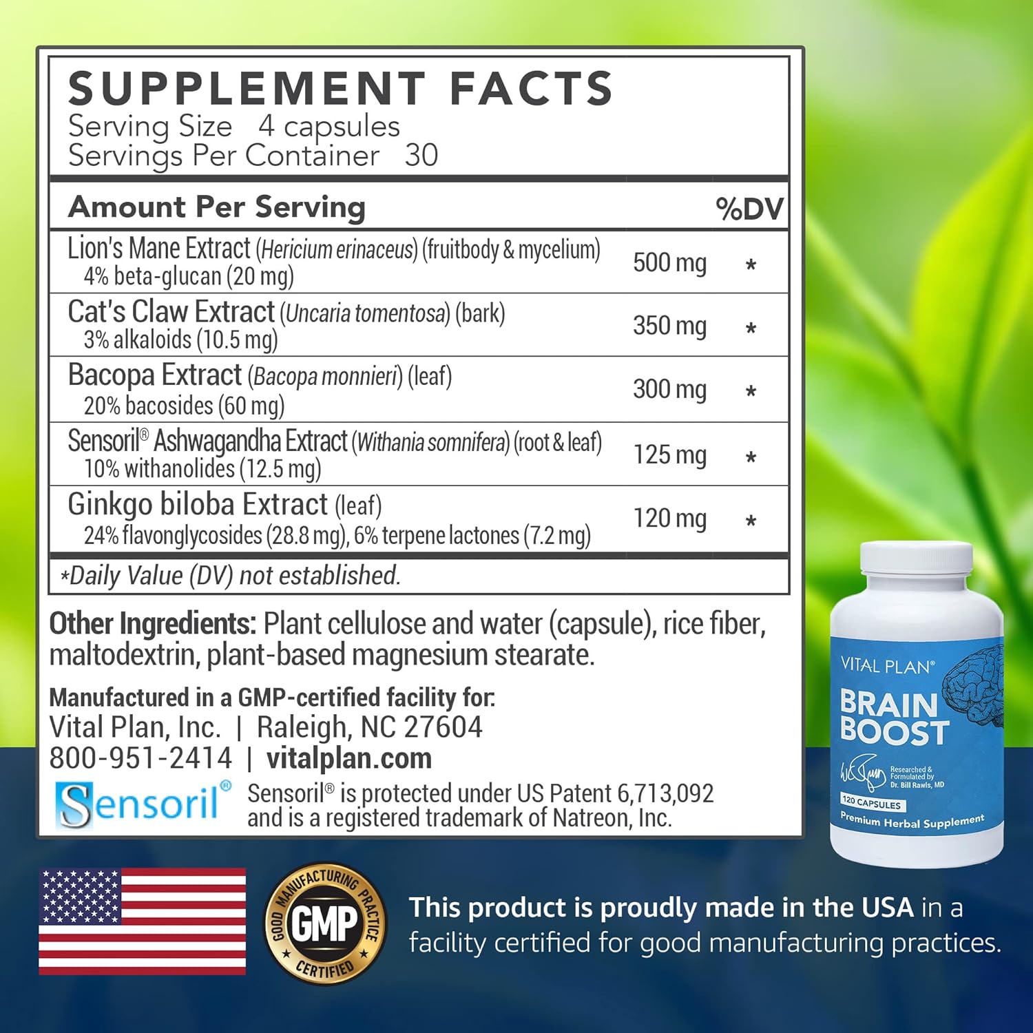 Dr. Bill Rawls Brain Boost Supplement - Capsules with Lion’s Mane, Cat’s Claw, Bacopa, Ashwagandha, & Ginkgo Biloba