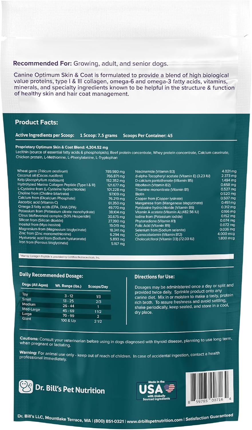 Dr. Bill’s Canine Optimum Skin & Coat Supplement with Fish Oil Omega-3 & Marine Collagen