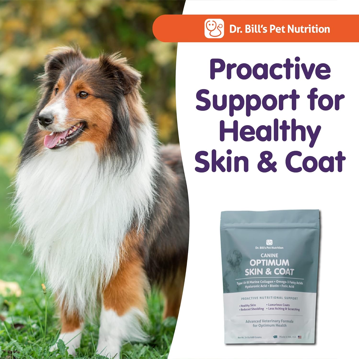 Dr. Bill’s Canine Optimum Skin & Coat Supplement with Fish Oil Omega-3 & Marine Collagen
