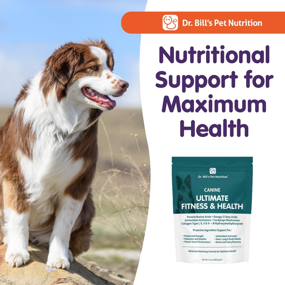 Dr. Bill's Canine Ultimate Fitness & Health Multivitamin for Dogs | with Coenzyme Q-10, Vitamin E, D-3, Biotin, Folic Acid, Hyaluronic Acid | Dog Vitamins 340g
