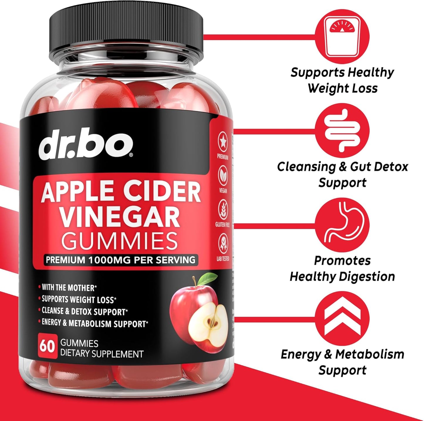 Dr. Bo Apple Cider Vinegar Gummies - Support for Weight Loss, Detox, Digestion, Gut Health - 1000MG ACV Gummy with The Mother - Natural Supplements