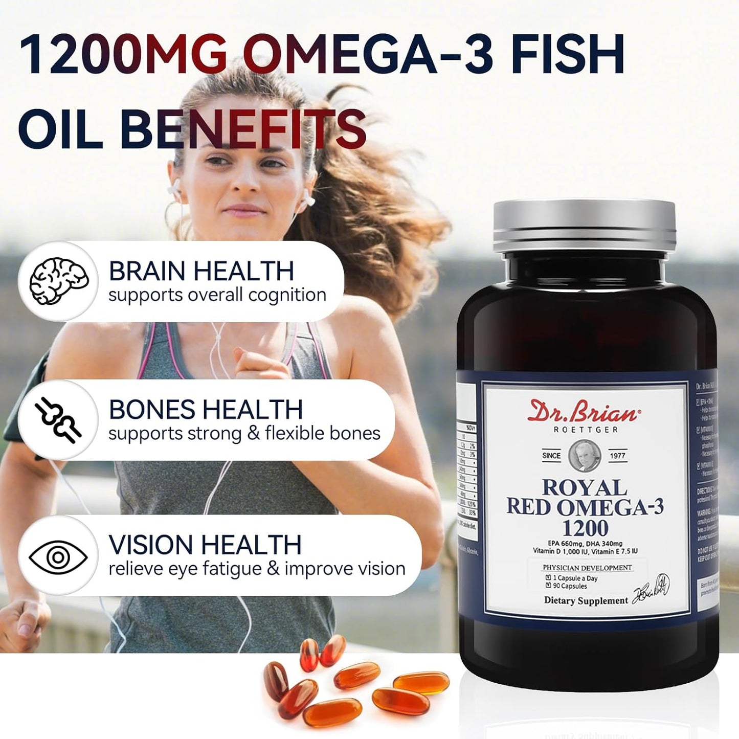 Dr. Brian Roettger Royal Red Omega 3 Fish Oil Supplement - 90 Soft Gels with EPA, DHA, Vitamin D & E for Physical Health
