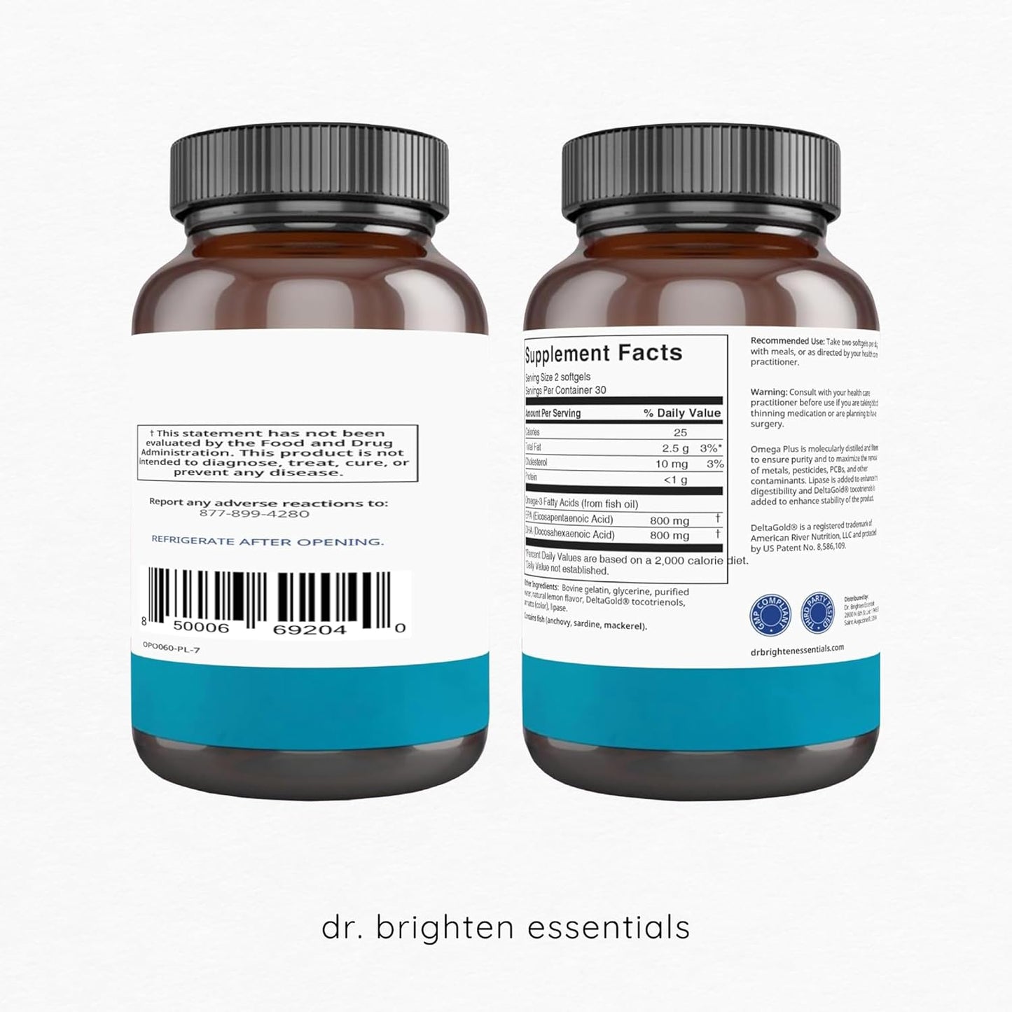 Dr. Brighten Omega Plus Fish Oil Supplement - 1600 mg EPA/DHA for Heart, Brain, Immune System - 60 Softgels