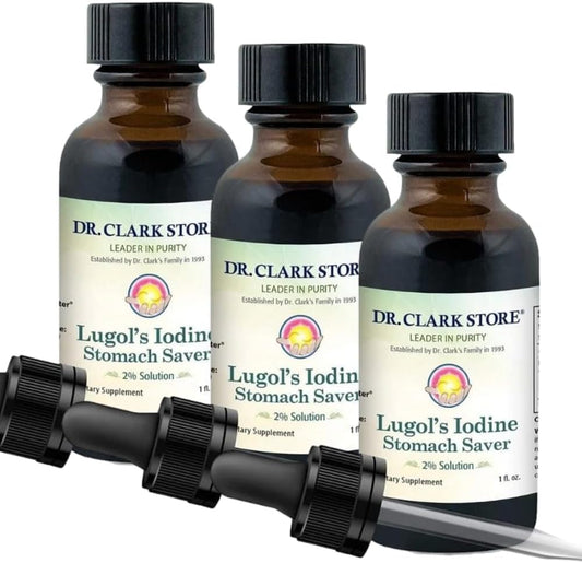 Dr. Clark Lugol’s Iodine 2% Solution - Natural Stomach Relief - 3Pack - 1 fl. Oz with Dropper - Bernard Jensen's