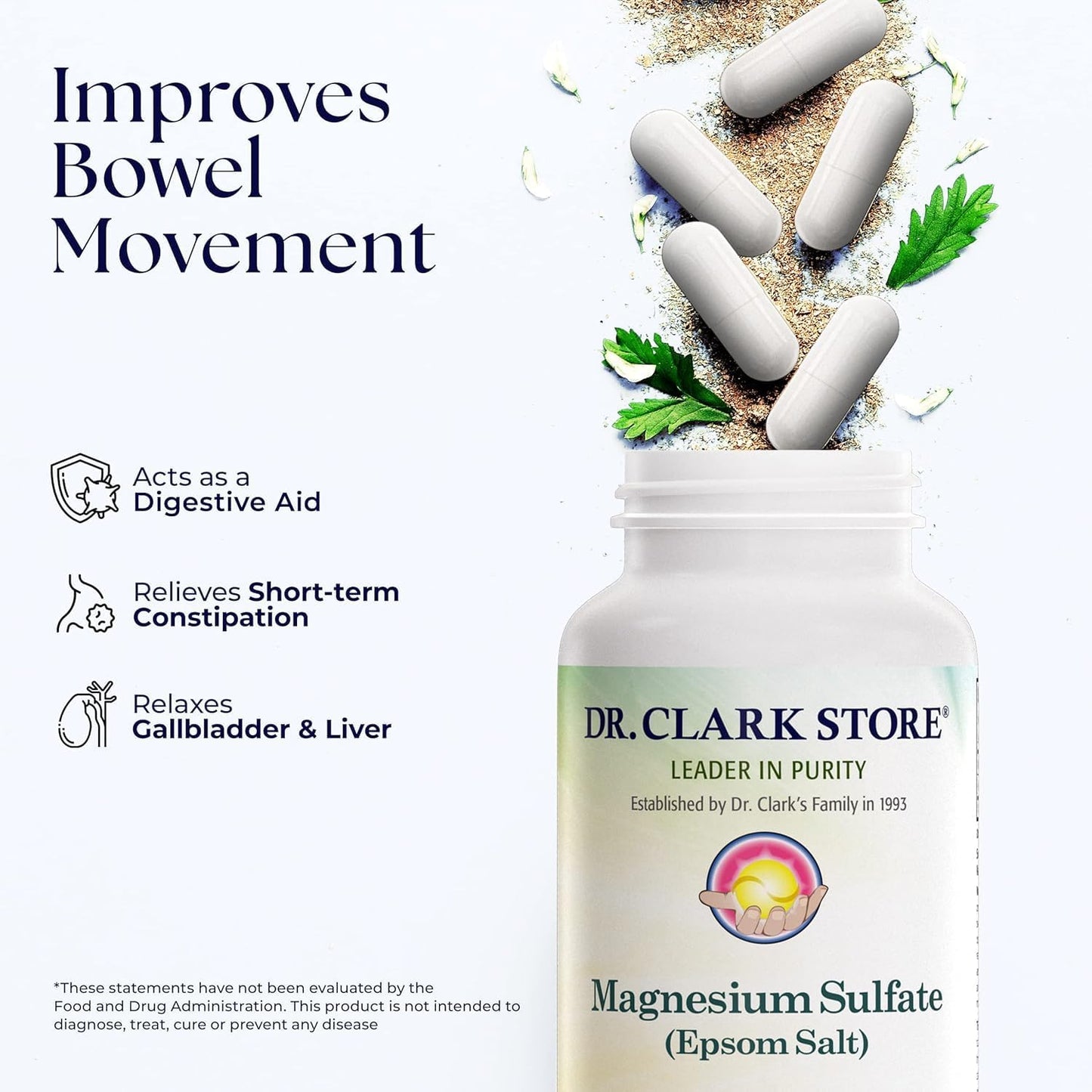 Dr. Clark Magnesium Sulfate USP (Epsom Salt) Capsules - 1030mg, Constipation Relief, Liver & Gallbladder Cleanse - 2 Pack