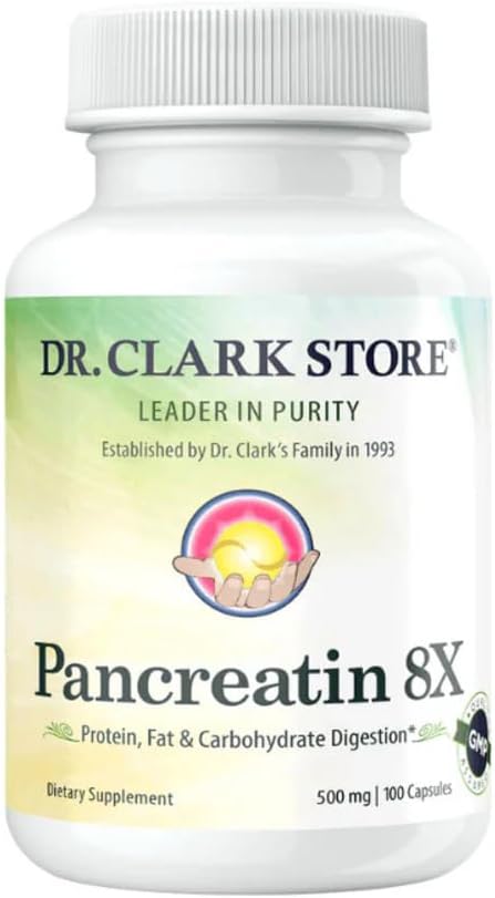 Dr. Clark Store Pancreatin 8X Enzyme Supplement 500mg | Supports Healthy Digestion - 100 Gelatin Capsules