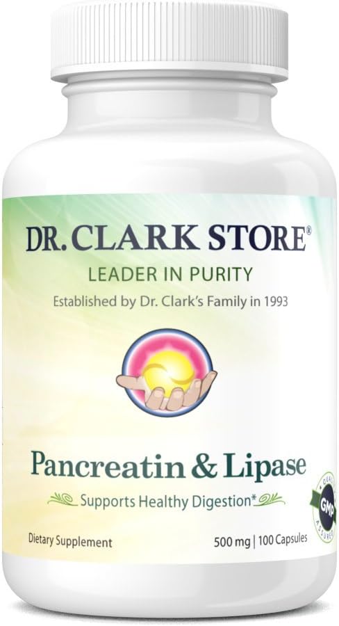 Dr. Clark Store Pancreatin and Lipase Enzyme Supplement, 500mg - 100 Gelatin Capsules for Digestive Health