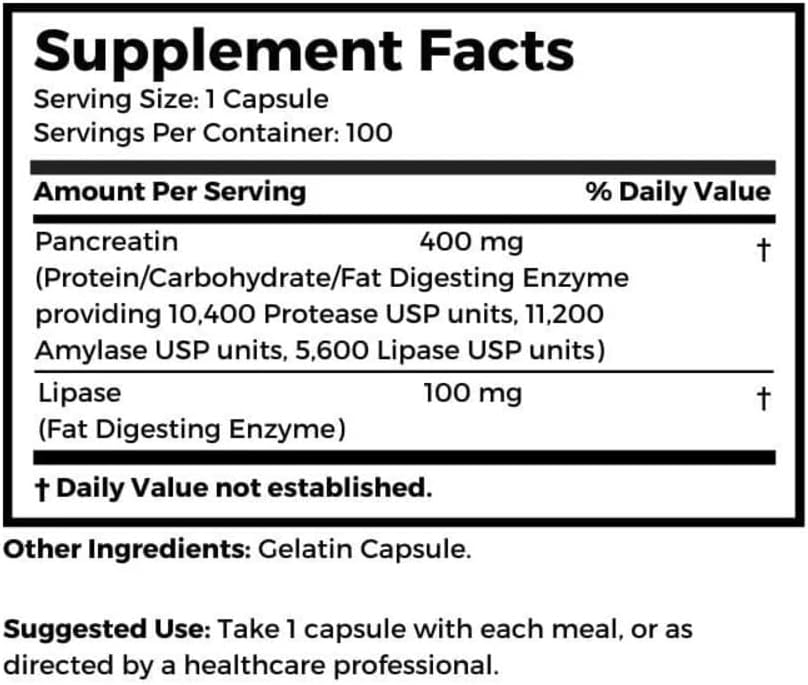 Dr. Clark Store Pancreatin and Lipase Enzyme Supplement, 500mg - 100 Gelatin Capsules for Digestive Health