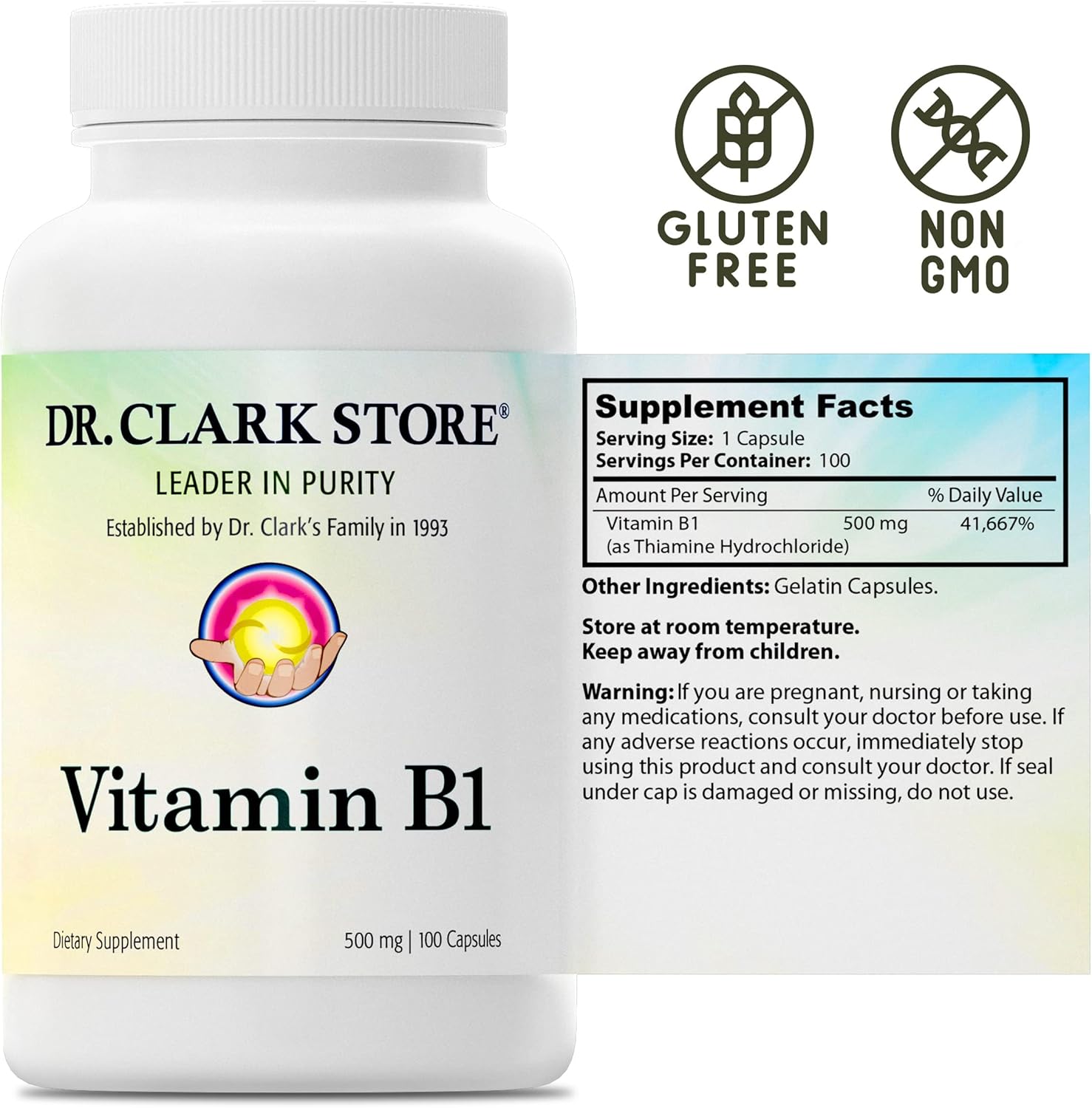 Dr. Clark Store Thiamine B1 Supplement 500mg - Supports Nervous System & Energy Metabolism - Gluten-Free, Dairy Free - 300 Gelatin Capsules