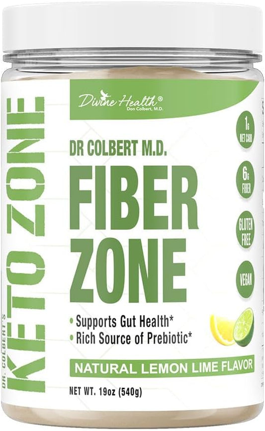 Dr. Colbert MD Fiber Zone Powder - Lemon Lime Flavor | Prebiotics, Psyllium Husk, Inulin | 6g Fiber | Keto & Healthy Gut Zone | 19 oz