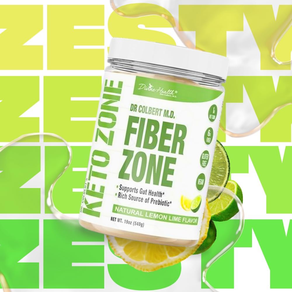 Dr. Colbert MD Fiber Zone Powder - Lemon Lime Flavor | Prebiotics, Psyllium Husk, Inulin | 6g Fiber | Keto & Healthy Gut Zone | 19 oz