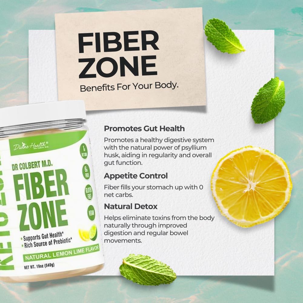 Dr. Colbert MD Fiber Zone Powder - Lemon Lime Flavor | Prebiotics, Psyllium Husk, Inulin | 6g Fiber | Keto & Healthy Gut Zone | 19 oz
