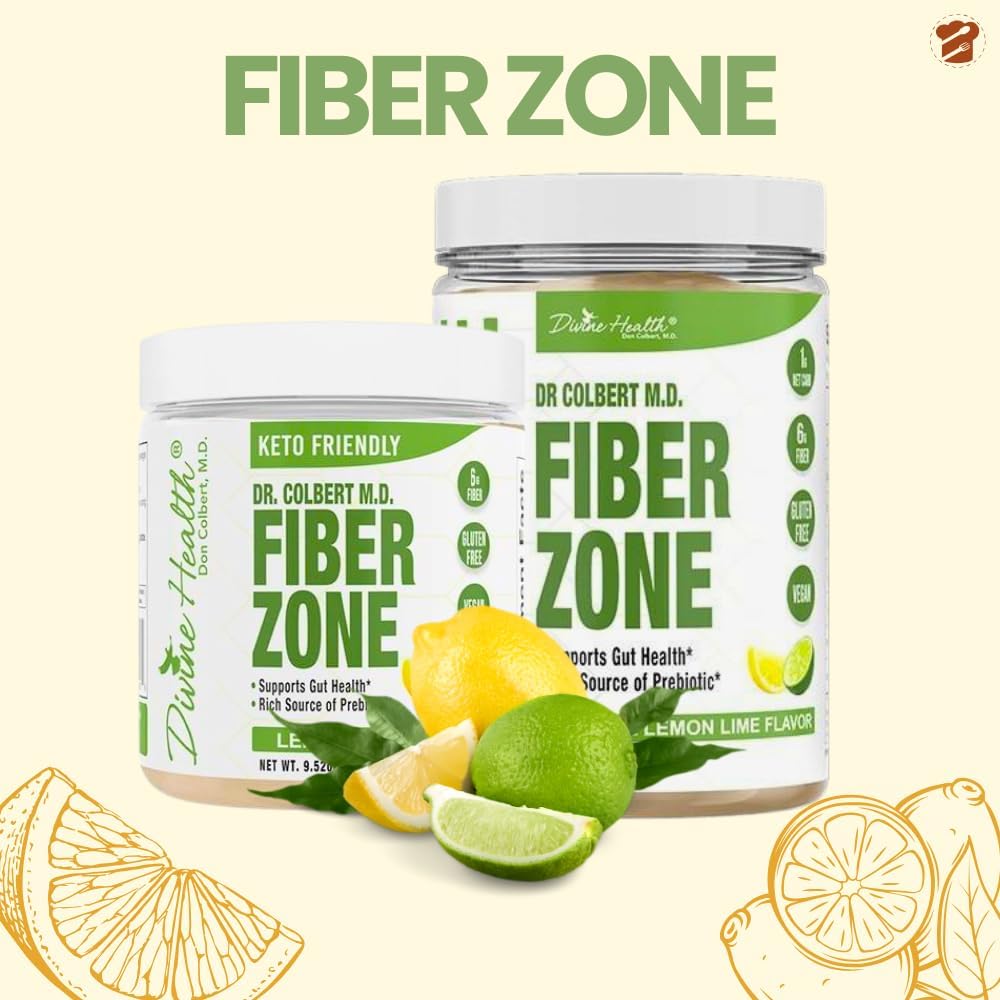 Dr. Colbert MD Fiber Zone Powder - Lemon Lime Flavor | Prebiotics, Psyllium Husk, Inulin | 6g Fiber | Keto & Healthy Gut Zone | 19 oz