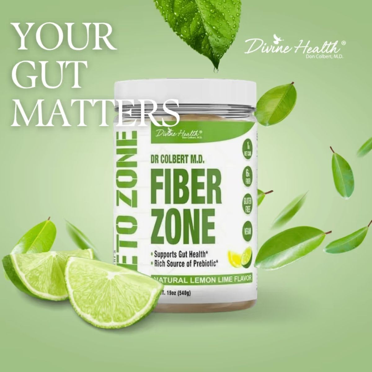 Dr. Colbert MD Fiber Zone Powder - Lemon Lime Flavor | Prebiotics, Psyllium Husk, Inulin | 6g Fiber | Keto & Healthy Gut Zone | 19 oz