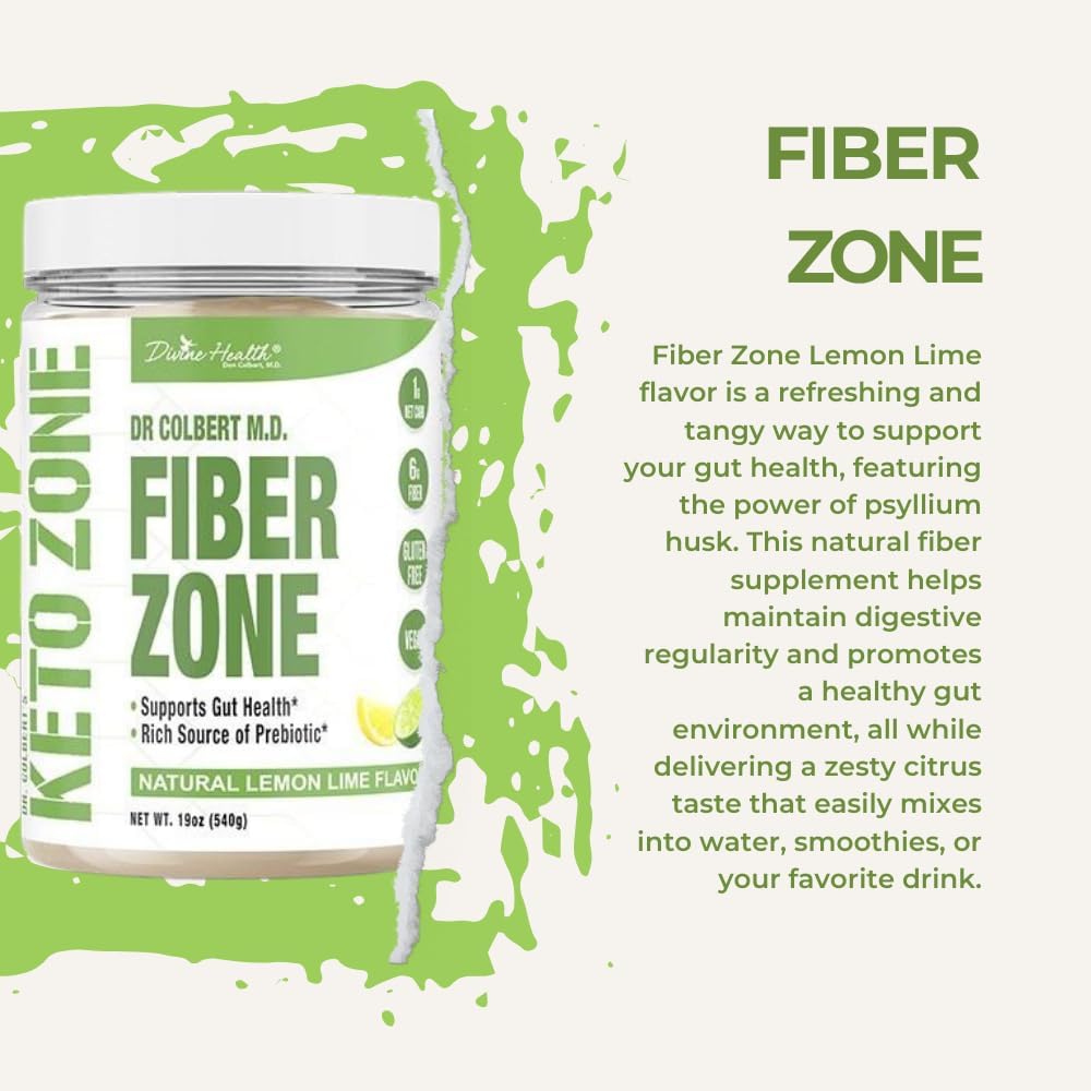 Dr. Colbert MD Fiber Zone Powder - Lemon Lime Flavor | Prebiotics, Psyllium Husk, Inulin | 6g Fiber | Keto & Healthy Gut Zone | 19 oz