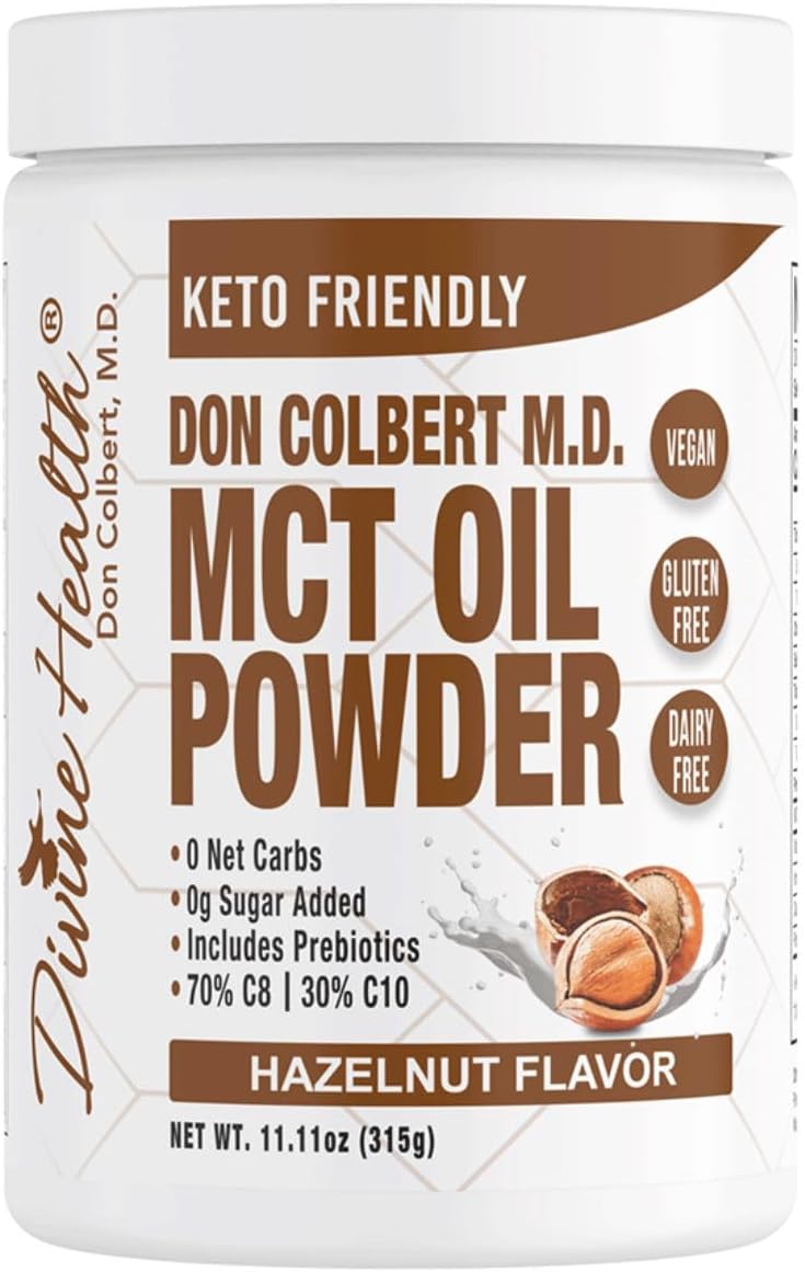 Dr. Colbert MD Hazelnut MCT Oil Powder | Keto Zone Diet Book Recommended | 70% C8 | 30% C10 | 0 Net Carbs | Coffee Creamer Alternative | 315g