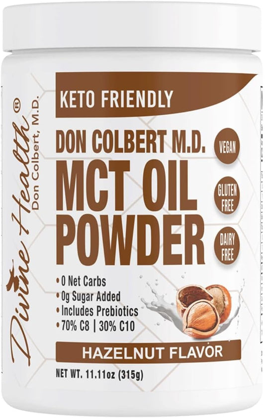 Dr. Colbert MD Hazelnut MCT Oil Powder | Keto Zone Diet Book Recommended | 70% C8 | 30% C10 | 0 Net Carbs | Coffee Creamer Alternative | 315g