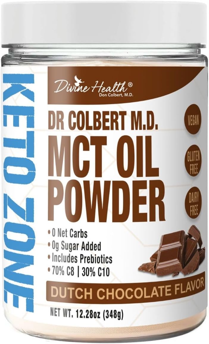 Dr. Colbert's Keto Zone MCT Oil Powder - Dutch Chocolate Flavored, All Natural, Keto Approved, 0 Net Carbs, Gluten Free - 30 Day Supply