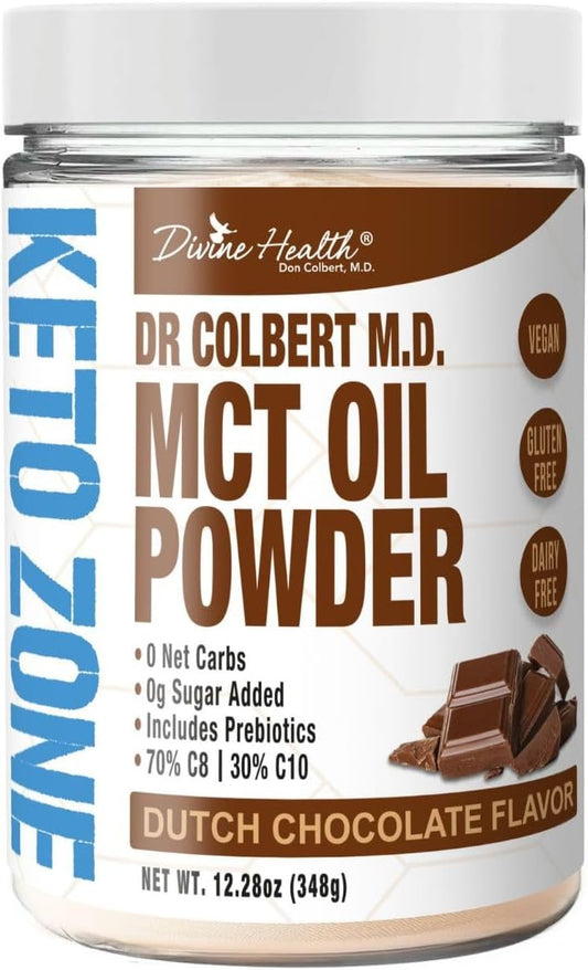 Dr. Colbert's Keto Zone MCT Oil Powder - Dutch Chocolate Flavored, All Natural, Keto Approved, 0 Net Carbs, Gluten Free - 30 Day Supply