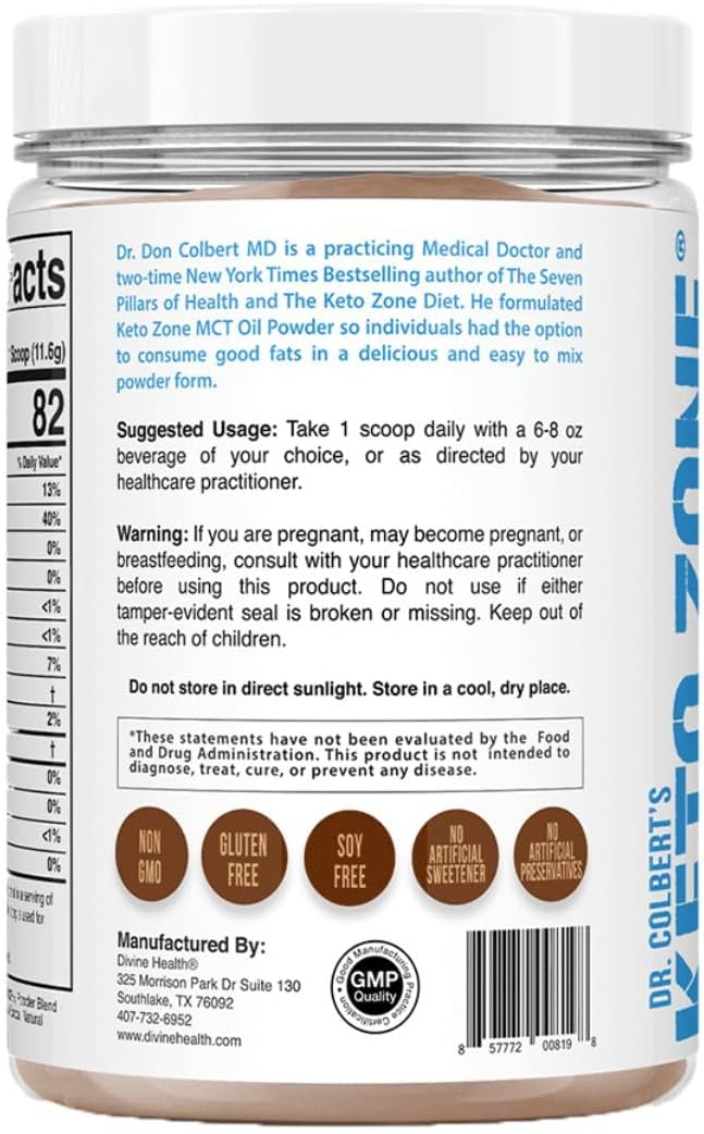 Dr. Colbert's Keto Zone MCT Oil Powder - Dutch Chocolate Flavored, All Natural, Keto Approved, 0 Net Carbs, Gluten Free - 30 Day Supply