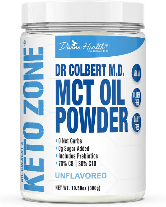 Dr. Colbert's Keto Zone MCT Oil Powder - Unflavored, 70% C8, 30% C10, 0 Net Carbs - 30 Day Supply of 300g - Gluten Free