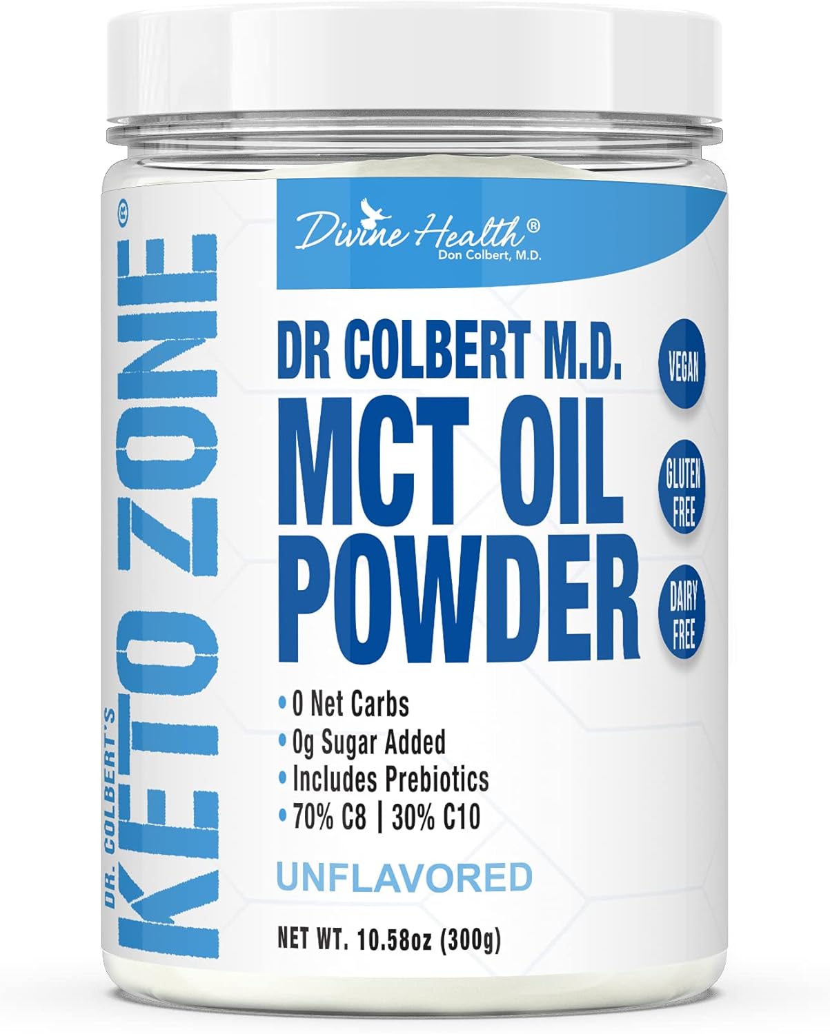 Dr. Colbert's Keto Zone MCT Oil Powder - Unflavored, 70% C8, 30% C10, 0 Net Carbs - 30 Day Supply of 300g - Gluten Free