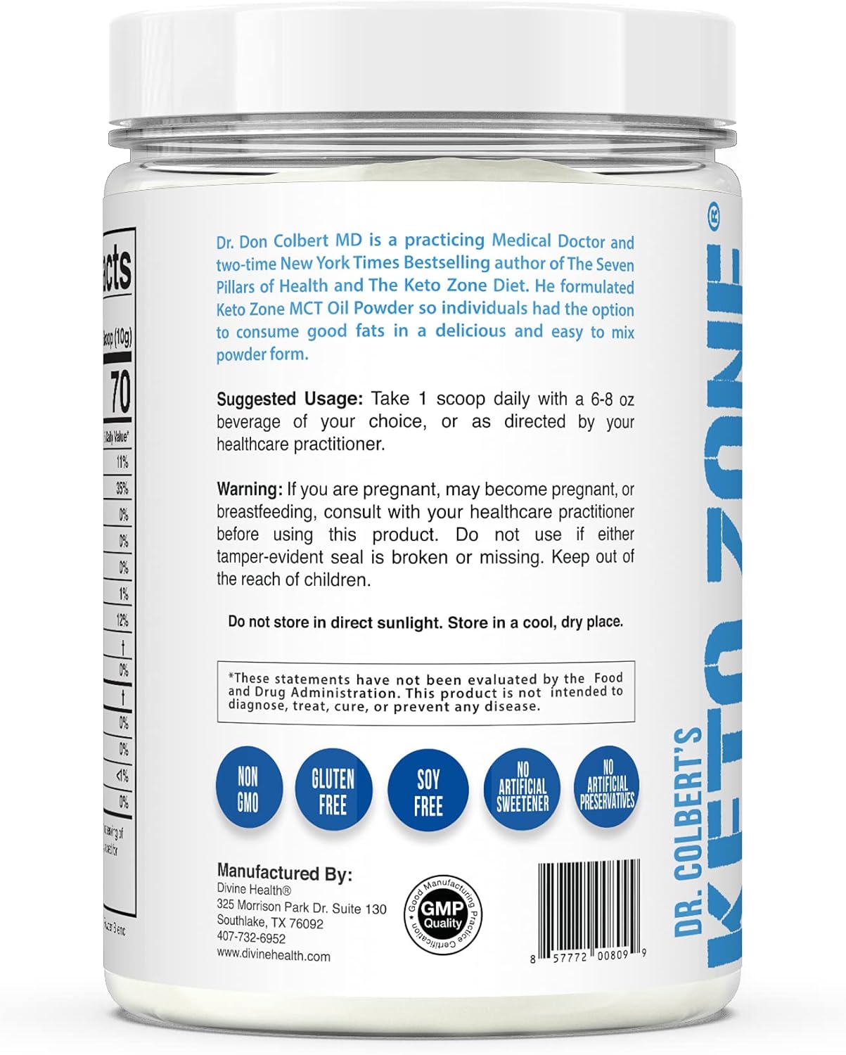 Dr. Colbert's Keto Zone MCT Oil Powder - Unflavored, 70% C8, 30% C10, 0 Net Carbs - 30 Day Supply of 300g - Gluten Free