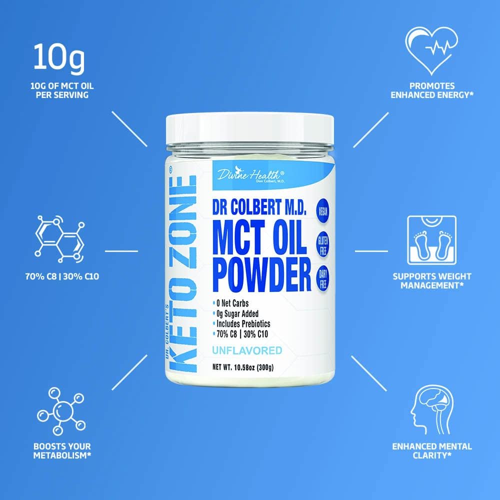 Dr. Colbert's Keto Zone MCT Oil Powder - Unflavored, 70% C8, 30% C10, 0 Net Carbs - 30 Day Supply of 300g - Gluten Free