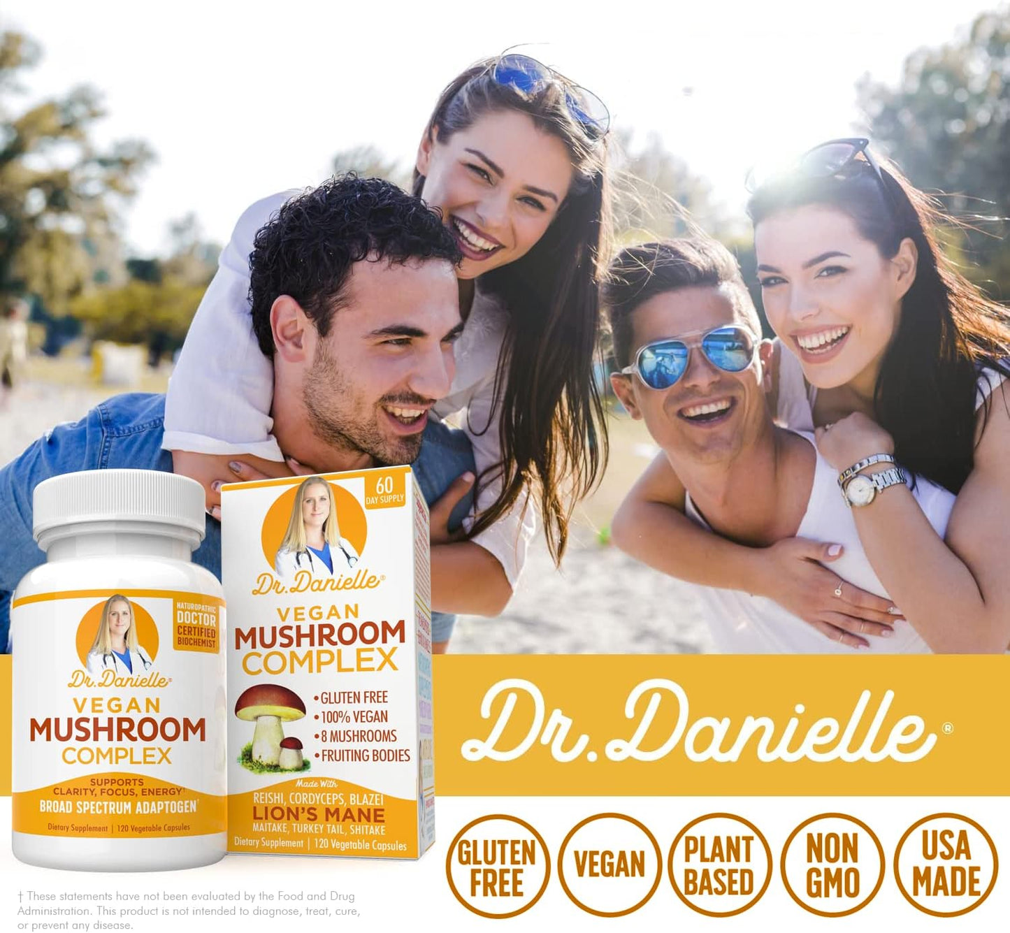 Dr. Danielle Organic Mushroom Complex - Immune Boost & Stress Relief - Lion's Mane, Cordyceps, Reishi - Adaptogen Supplement - Memory & Cognitive Support - 120 Capsules