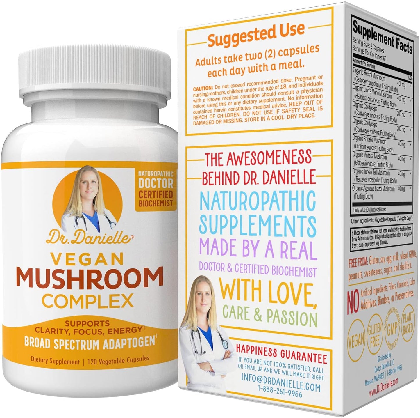 Dr. Danielle Organic Mushroom Complex - Immune Boost & Stress Relief - Lion's Mane, Cordyceps, Reishi - Adaptogen Supplement - Memory & Cognitive Support - 120 Capsules