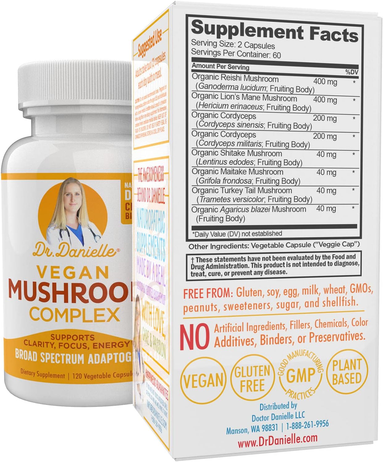 Dr. Danielle Organic Mushroom Complex - Immune Boost & Stress Relief - Lion's Mane, Cordyceps, Reishi - Adaptogen Supplement - Memory & Cognitive Support - 120 Capsules