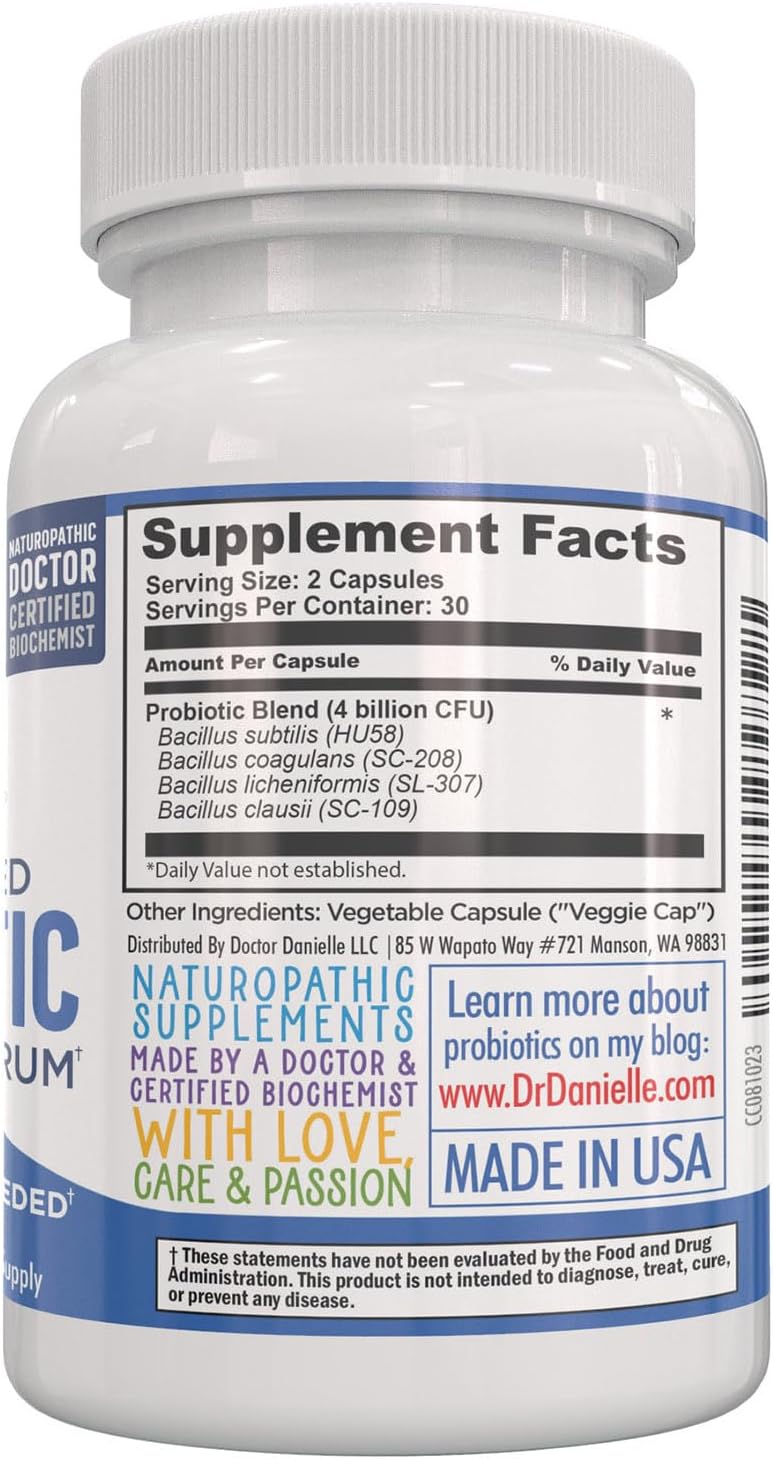 Dr. Danielle Probiotic Supplement - Shelf Stable Probiotics for Women and Men - 60 Capsules - Bacillus Strain - No Refrigeration Needed