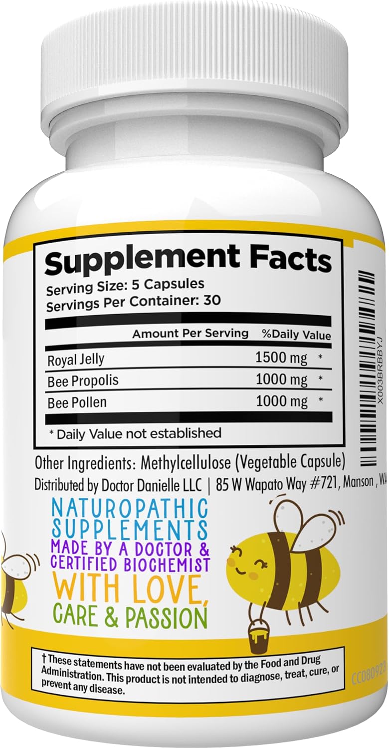 Dr. Danielle's Bee Wise: Bee Pollen Supplement with Royal Jelly, Propolis, & Beepollen - 4 Daily Capsules for Wellness