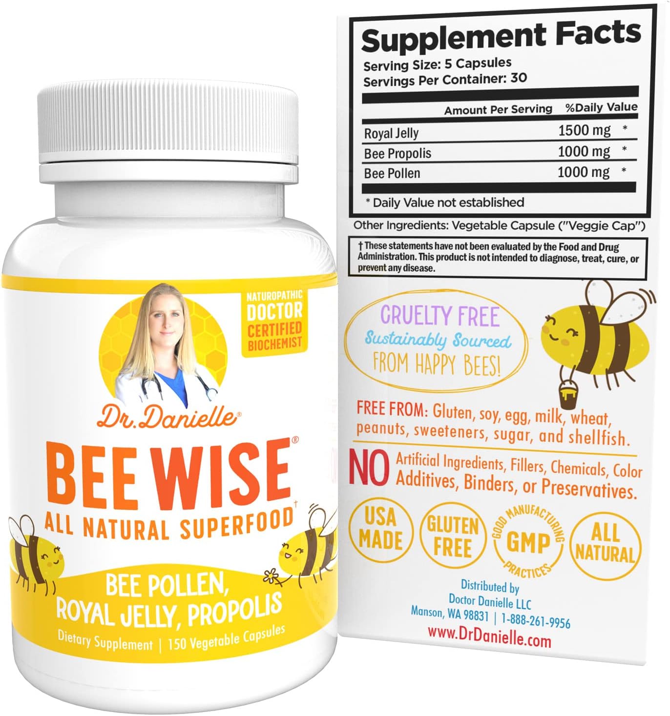 Dr. Danielle's Bee Wise: Bee Pollen Supplement with Royal Jelly, Propolis, & Beepollen - 4 Daily Capsules for Wellness