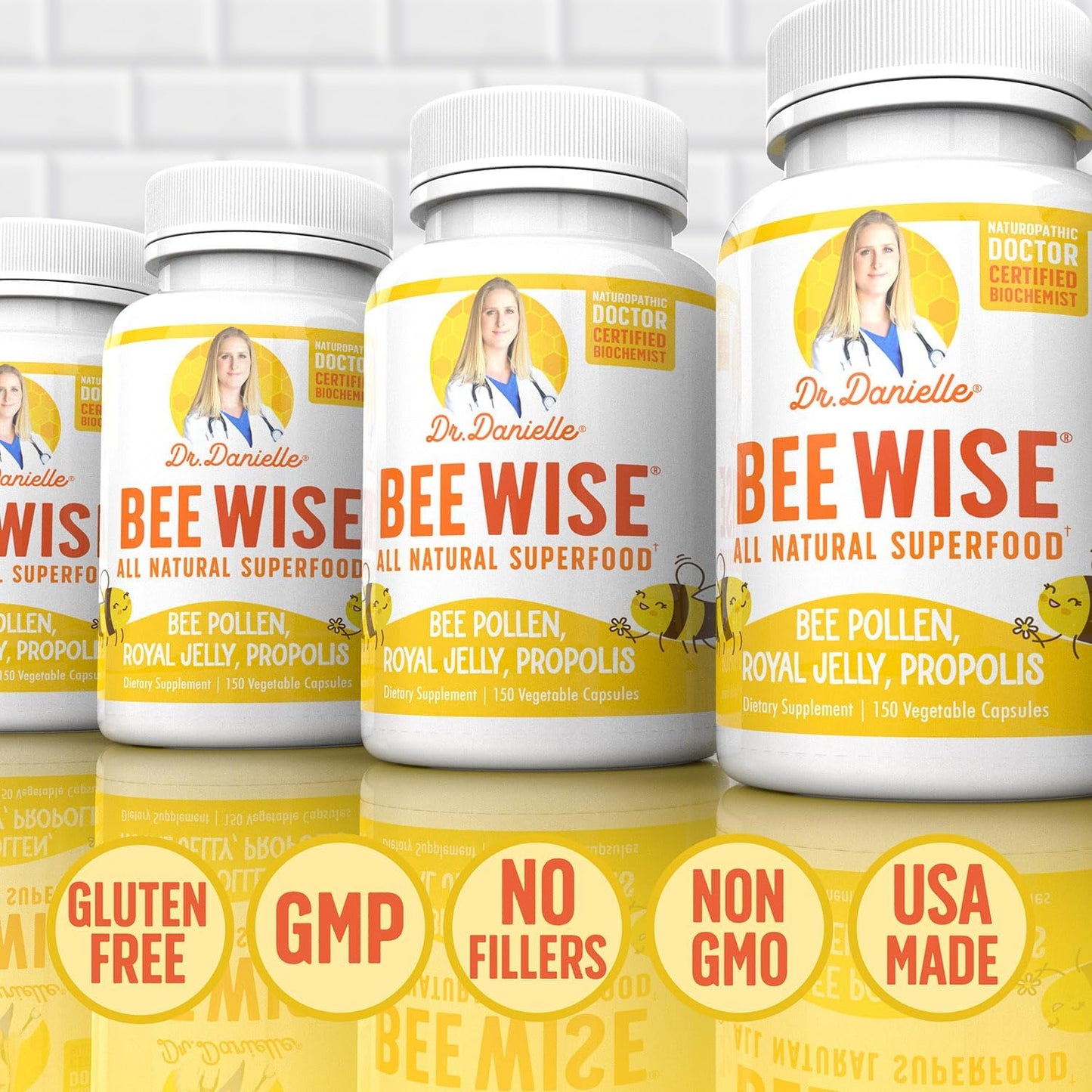 Dr. Danielle's Bee Wise: Bee Pollen Supplement with Royal Jelly, Propolis, & Beepollen - 4 Daily Capsules for Wellness