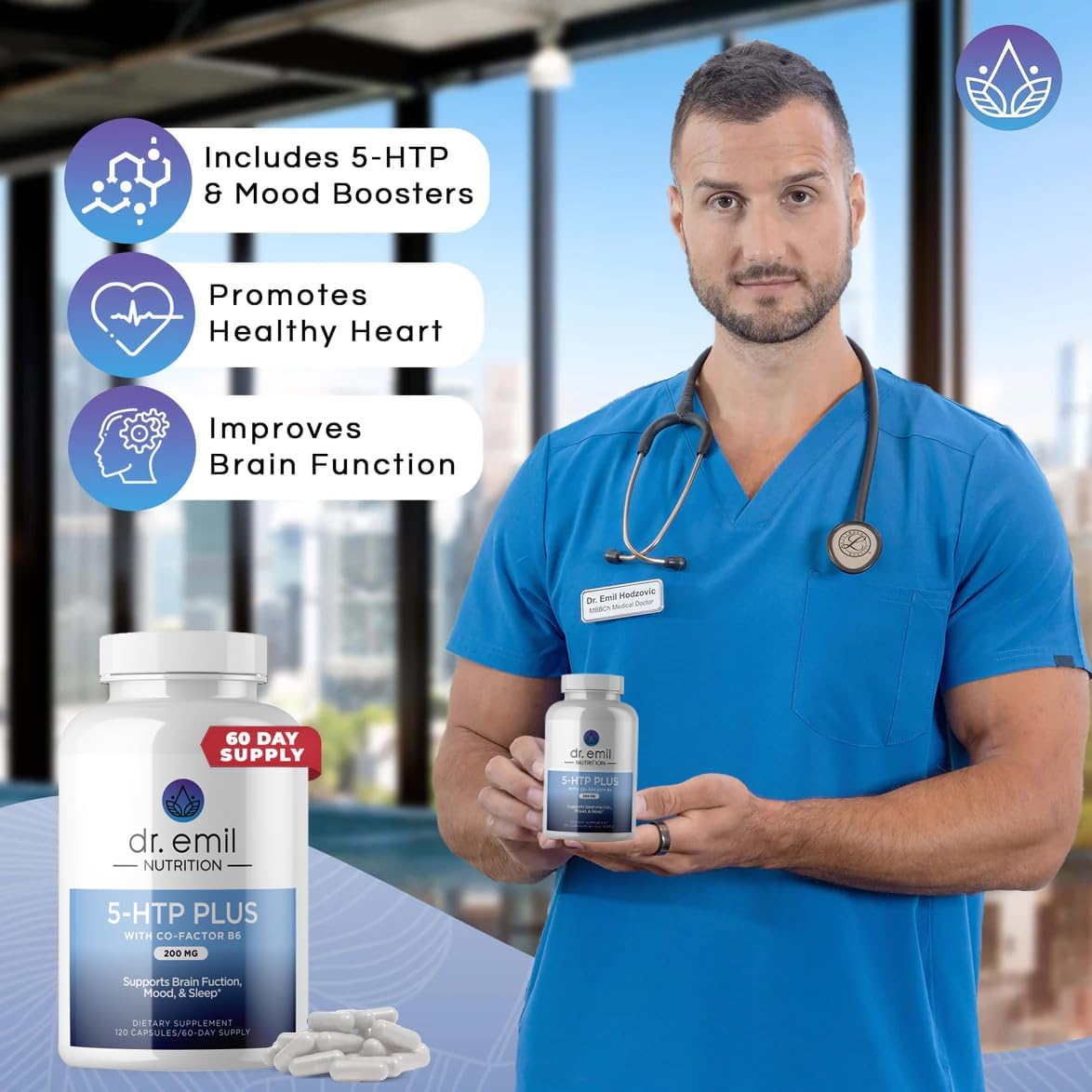 Dr. Emil Nutrition 5-HTP Plus with SAM-e for Mood, Stress, and Sleep - Vegan Capsules with Vitamin B6 - 120 Count