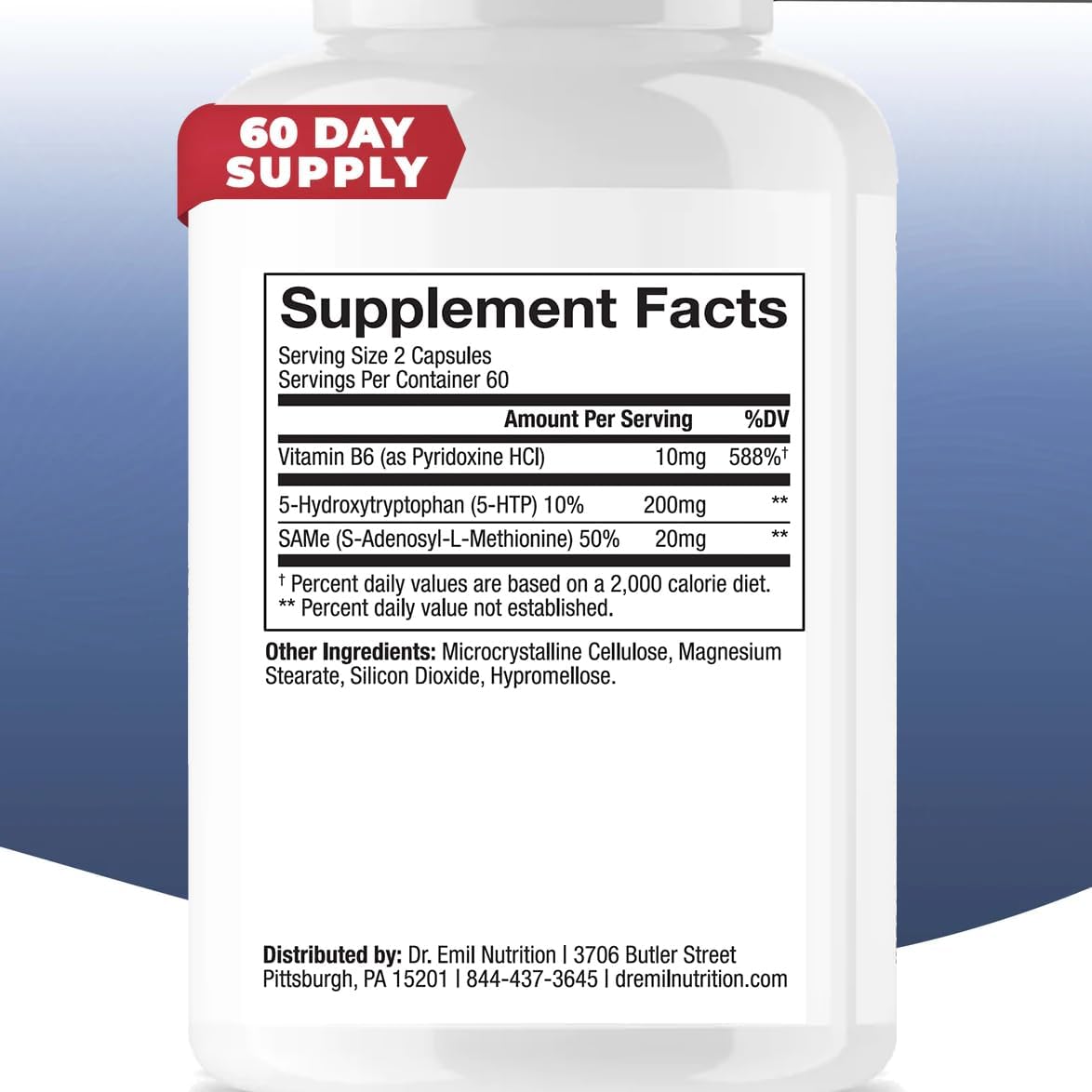 Dr. Emil Nutrition 5-HTP Plus with SAM-e for Mood, Stress, and Sleep - Vegan Capsules with Vitamin B6 - 120 Count