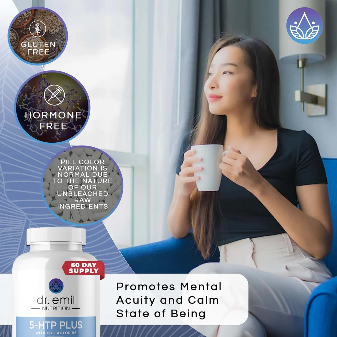 Dr. Emil Nutrition 5-HTP Plus with SAM-e for Mood, Stress, and Sleep - Vegan Capsules with Vitamin B6 - 120 Count