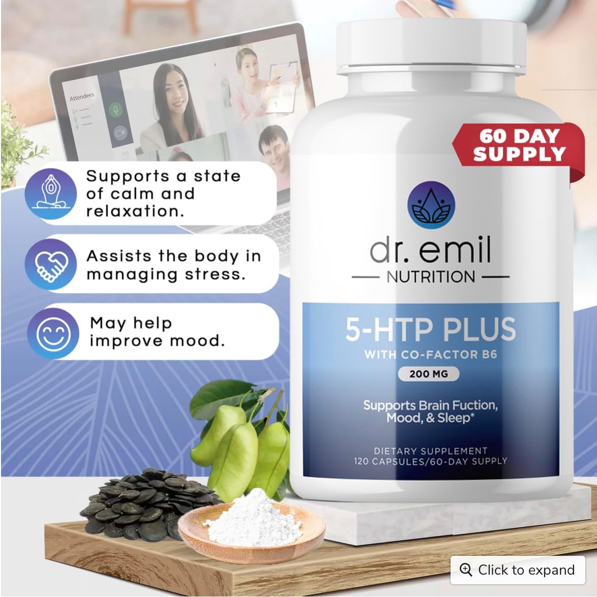 Dr. Emil Nutrition 5-HTP Plus with SAM-e for Mood, Stress, and Sleep - Vegan Capsules with Vitamin B6 - 120 Count