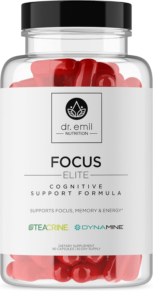 Dr. Emil Nutrition Elite Focus Supplement - Boost Energy, Mental Clarity & Concentration - Adults Focus Vitamins with 100mg Caffeine