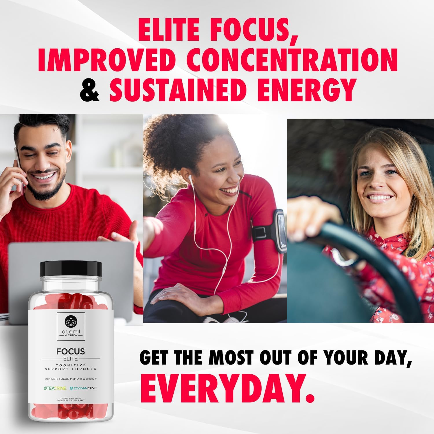 Dr. Emil Nutrition Elite Focus Supplement - Boost Energy, Mental Clarity & Concentration - Adults Focus Vitamins with 100mg Caffeine
