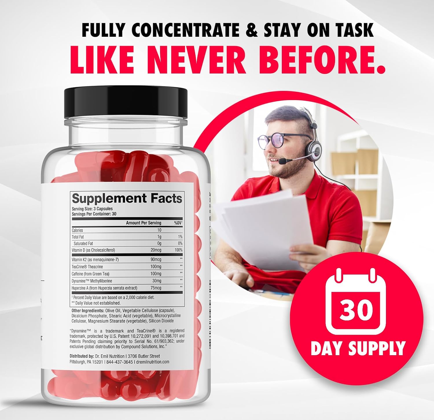 Dr. Emil Nutrition Elite Focus Supplement - Boost Energy, Mental Clarity & Concentration - Adults Focus Vitamins with 100mg Caffeine