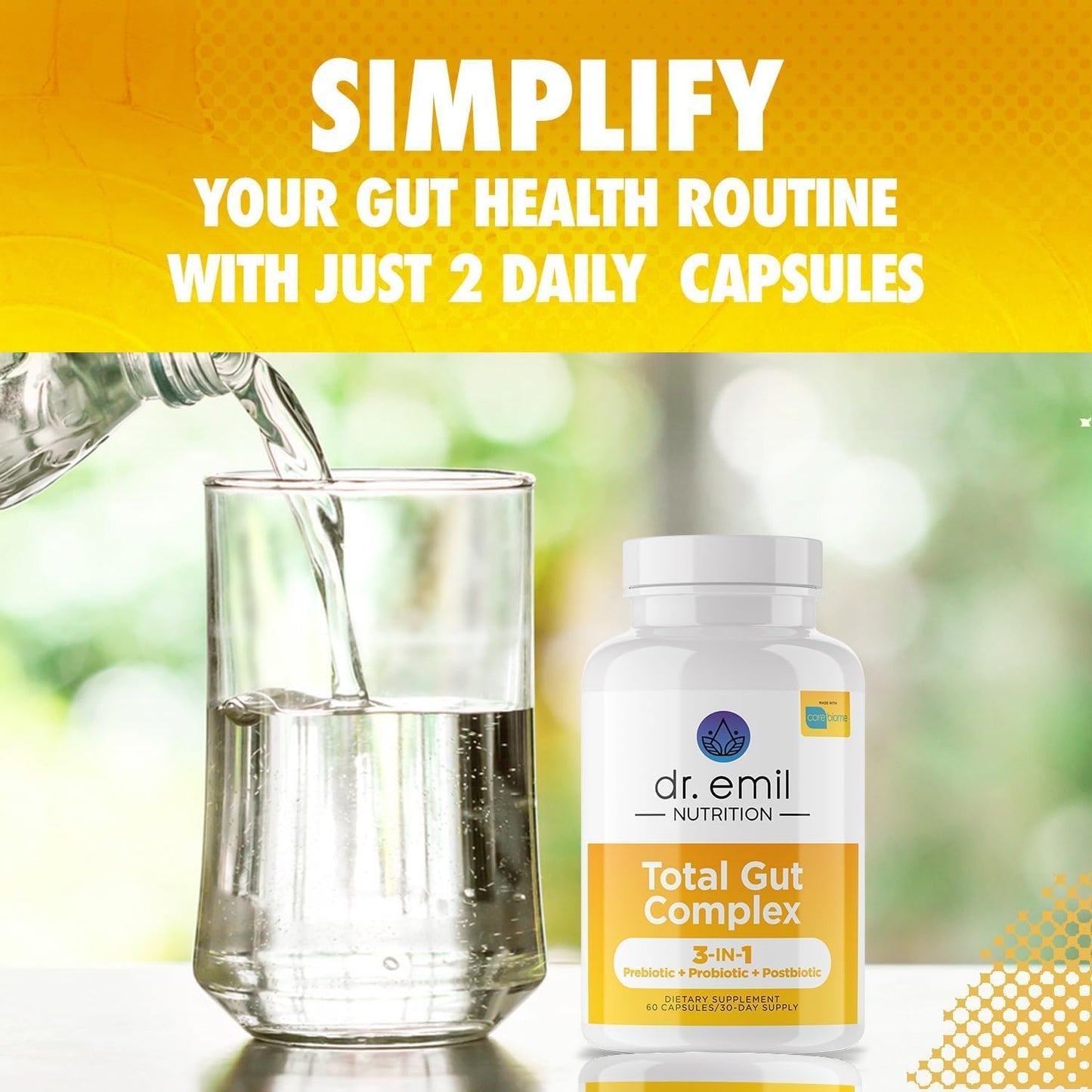 Dr. Emil Nutrition Total Gut Health Complex - Prebiotic, Probiotic, Postbiotic Supplements for Digestive Health - 120 Capsules for Men and Women